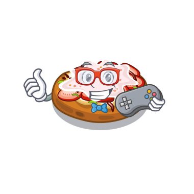 Karikatür ahşap masa üzerinde Gamer ekmek bruschetta