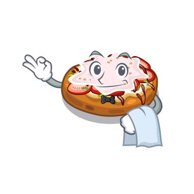 Karikatür ahşap masa üzerinde Garson ekmek bruschetta