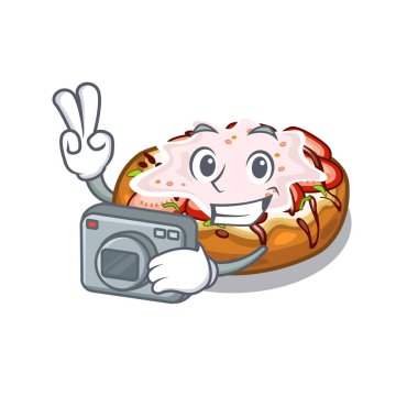 Karikatür ahşap masa üzerinde Fotoğrafçı ekmek bruschetta