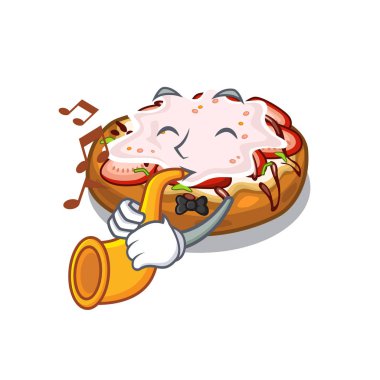 Karikatür ahşap masa üzerinde trompet ekmek bruschetta ile