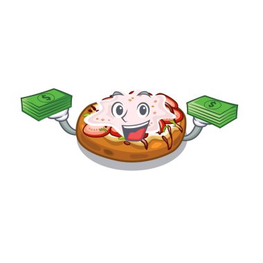 Karikatür ahşap masa üzerinde para çantası ekmek bruschetta ile