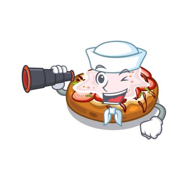 Karikatür ahşap masa üzerinde dürbün ekmek bruschetta ile Denizci