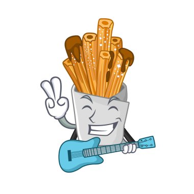 Maskot plastik torba içinde gitar fırın churros ile