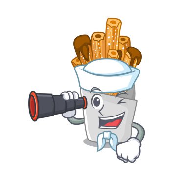 Maskot plastik torba içinde dürbün fırın churros ile Denizci