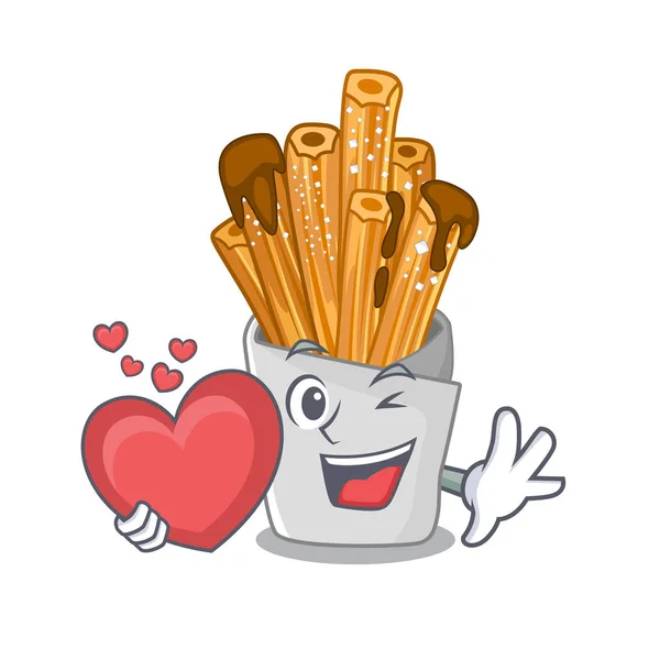 Avec churros de boulangerie de coeur dans le sac en plastique de mascotte — Image vectorielle