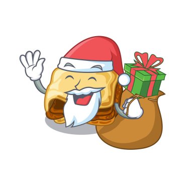Karakter ahşap masa üzerinde hediye musakka ile Santa