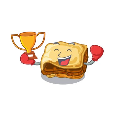 Karakter ahşap masa üzerinde Boks kazanan musakka