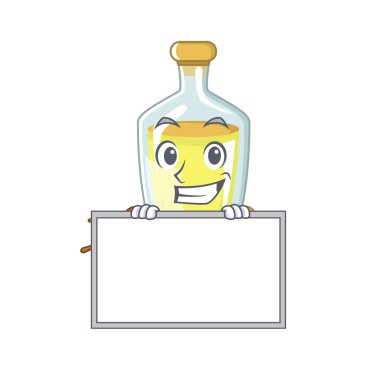 Karikatür şişesine konulan tahta soya yağı ile sırıtarak