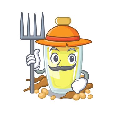 Çiftçi soya yağı karikatür şişe koymak