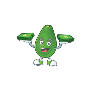 Karikatür karakteri para çantası olgun avokado meyve ile