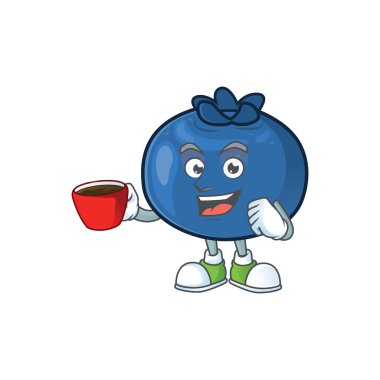 Maskot ile fincan karikatür komik yaban mersini meyve içme