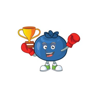 Beyaz arka planda boks kazanan karikatür tatlı yaban mersini karakteri