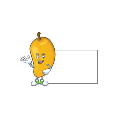 Maskot ile tahta taze mango karakter karikatür ile Thumbs up