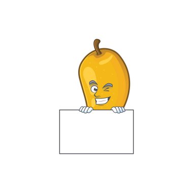 Maskot ile tahta taze mango karakter karikatür ile Grinning