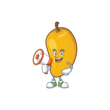 Maskot ile megafon taze mango karakter karikatür ile