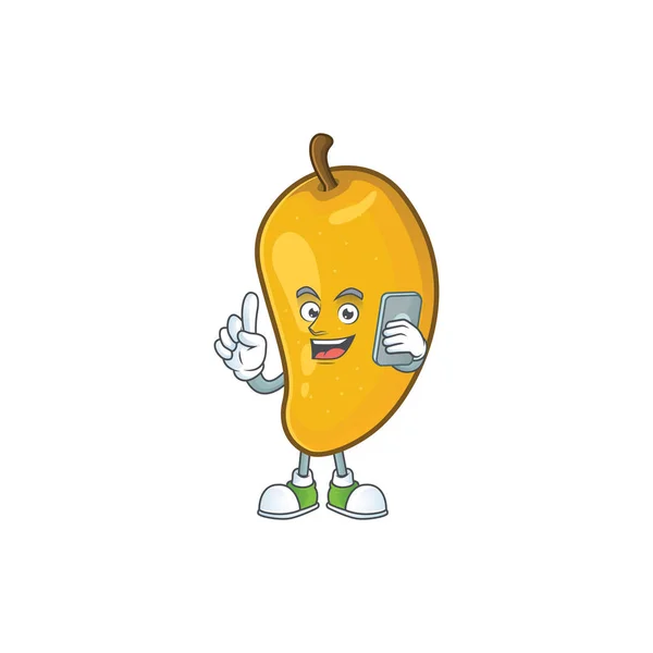 Met telefoon Fresh mango karakter cartoon met mascotte — Stockvector