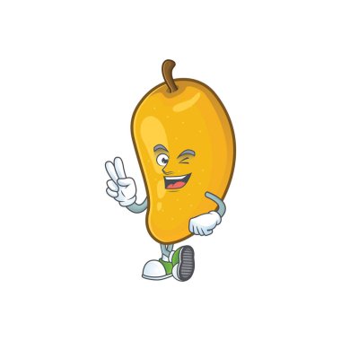 Beyaz arka planda mango karakterinin iki parmak karikatür.