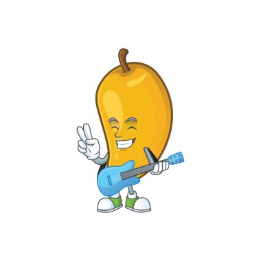 Karikatür maskotu ile gitar karakteri mango meyve ile