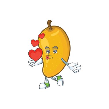Karikatür maskotu ile kalp karakteri mango meyve ile