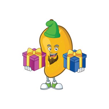 Beyaz arka planda iki hediye olgun mango karakter karikatür getir