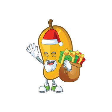 Beyaz arka plan üzerinde hediye olgun mango karakter karikatür ile Santa