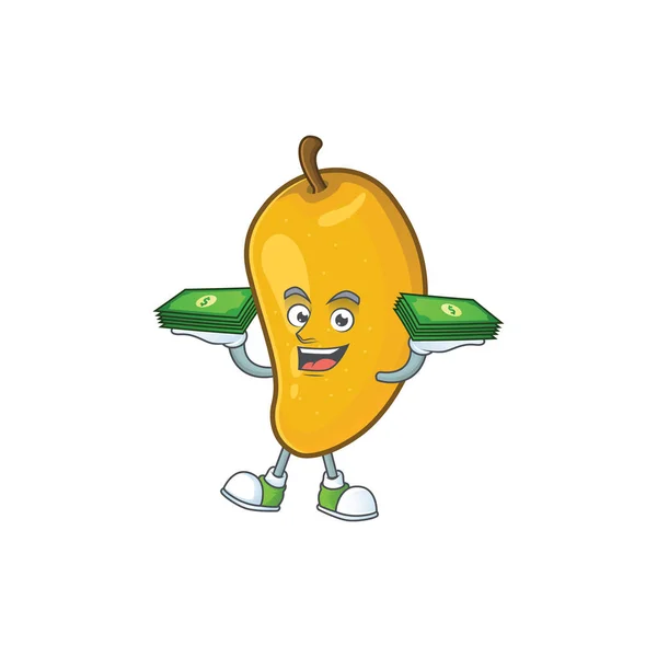 Med pengar väska karaktär mango frukt med tecknad maskot — Stock vektor