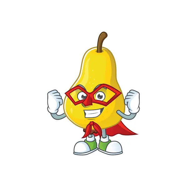 Super hero karakter buah pir dengan kartun maskot lucu - Stok Vektor