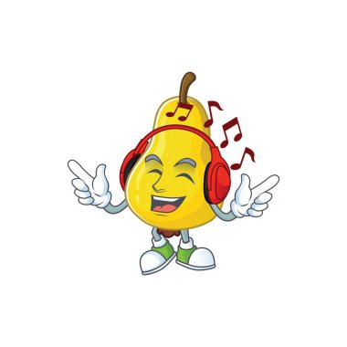 Beyaz arka planda müzik sarı armut çizgi film karakteri dinleme