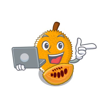 Bir karikatür buzdolabında dizüstü gac meyve ile