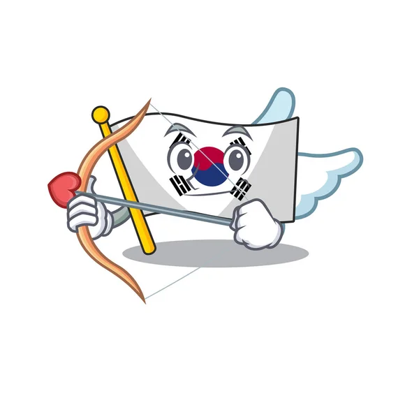 Карикатура с купидоном под корейским флагом развевается на шесте — стоковый вектор