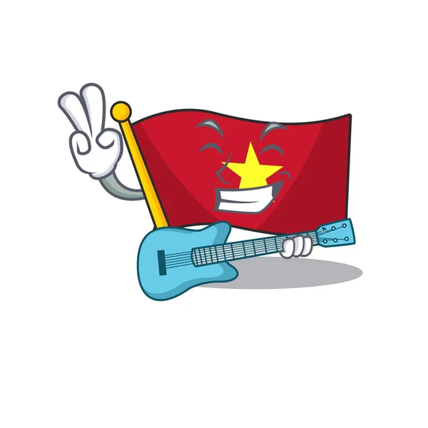 Com a bandeira da guitarra vietnam agitada no mastro da mascote — Vetor de Stock