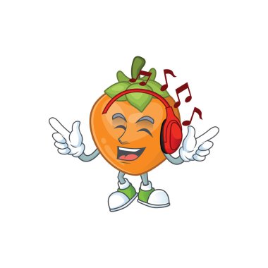 Beyaz arka planda müzik trabzon meyve maskotu karikatür dinleme