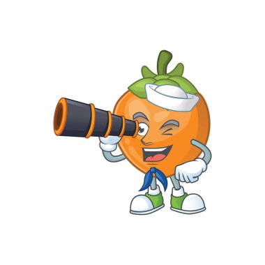 Beyaz arka planda binoküler persimmon meyve maskotu karikatür ile Denizci