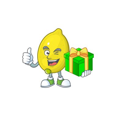 Beyaz arka planda hediye limon çizgi film karakteri ile