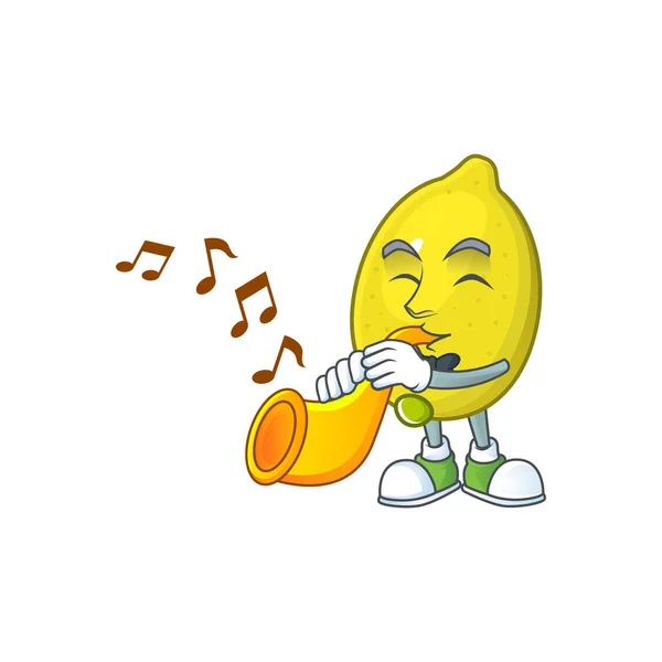 With trumpet lemon cartoon character on white background — Stock Vector