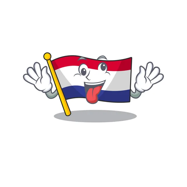 Loca bandera de los Países Bajos por encima de la mesa de dibujos animados de madera — Vector de stock
