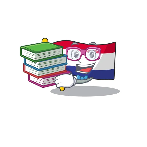 Estudante com bandeira do livro netherlands acima da tabela de desenhos animados de madeira — Vetor de Stock
