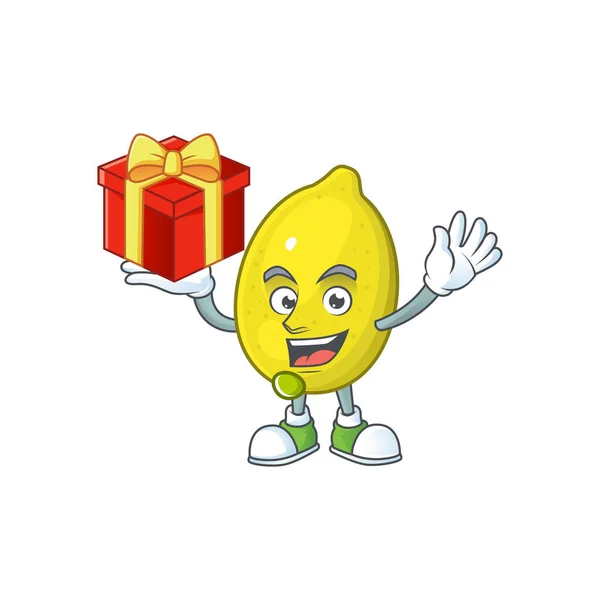Bawalah hadiah karakter kartun lemon dengan maskot - Stok Vektor