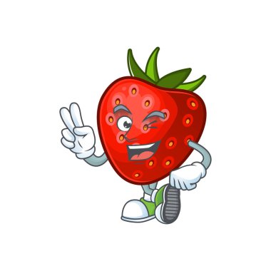 Sembol karikatür için iki parmak kırmızı çilek karakter maskotu