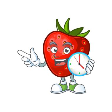 Sembol karikatür için saat kırmızı çilek karakter maskotu ile