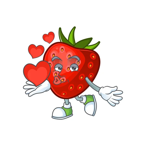 Met hart aardbei fruit mascotte voor cartoon karakter — Stockvector