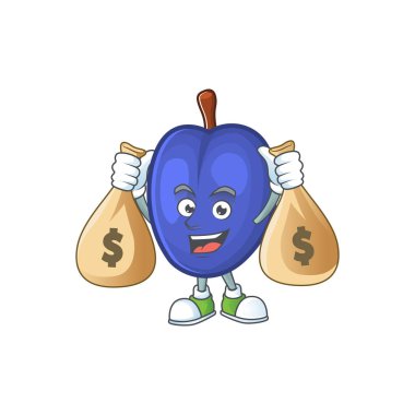 Beyaz arka plan üzerinde para çantası meyve erik karikatür ile.