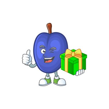 Bir karikatür karakter maskotu hediye taze erik ile.