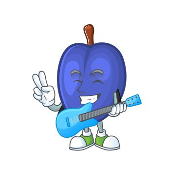 Bir çizgi filmde karakter maskotu gitar taze erik ile.