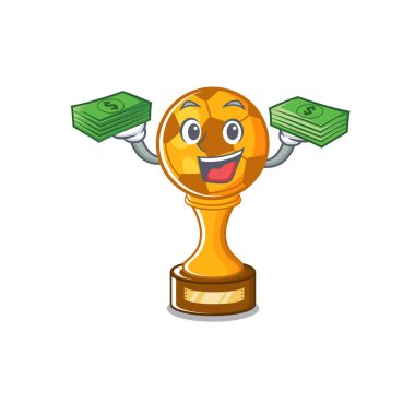 Karikatür çekmecesinde para çantası futbol kupası ile