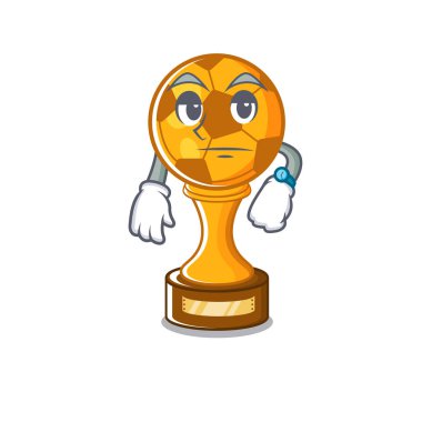 Karikatür ahşap masa üzerinde bekleyen futbol kupa