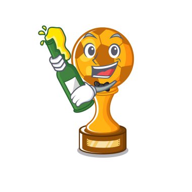 Karikatür ahşap masa üzerinde bira futbol kupa ile