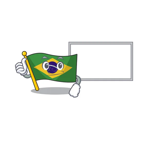 Thumbs up with board flag brazil in the cartoon shape — Stock Vector