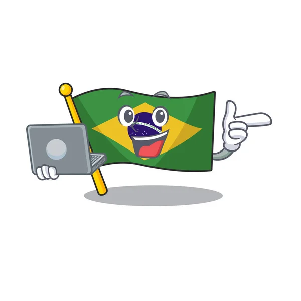 Con la bandera del ordenador portátil brasileño en la forma de dibujos animados — Archivo Imágenes Vectoriales