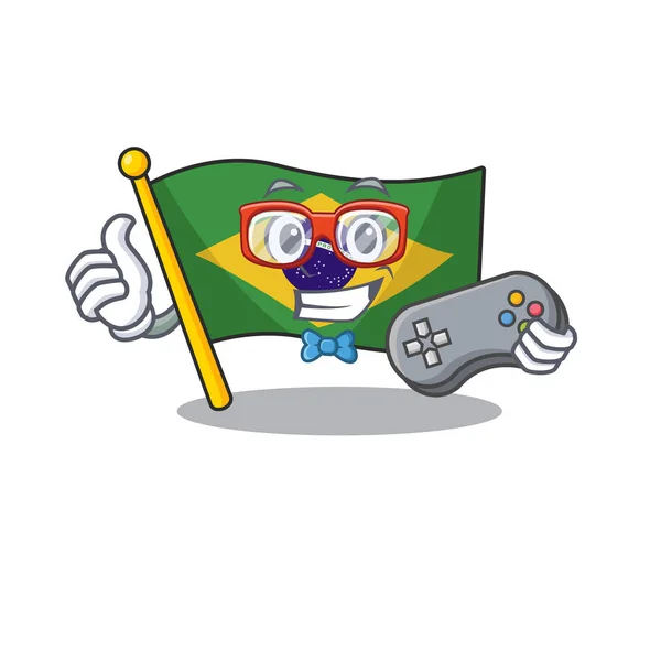 Drapeau brésilien Gamer hissé sur le mât de personnage — Image vectorielle